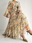 Ramadan Floral Print Crew Neck Dress Casual Lantern Sleeve Belted Dress Women's Clothing