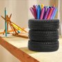 Stacked Tire Design Pencil Holder Fun Desk Organizer Durable Black Plastic Set Of 1