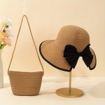 Women's Elegant Beige Sun Hat With Black Bow Detail And Windproof Strap & Matching Beige Straw Crossbody Bag Set Perfect For Out
