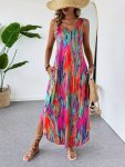 Allover Print Crew Neck Tank Dress Vacation Style Sleeveless Curved Hem Dress For Spring & Summer Women's Clothing