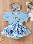Baby Girls Spring Summer New Floral Skirt Swing Short Sleeve Romper Puffer Coat + Bow Headband Set