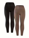 2PCS Solid Color Ribbed Fitness Gym Sports Leggings High Waist Yoga Workout Running Tight Pants Women's Activewear