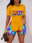 Casual Spring & Summer Two-piece Set Queen Print Split Short Sleeve Tee & Colorful Printing Shorts Outfits Women's Clothing