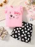 2PCS Infant & Toddler's Cute Kitten Print Summer Outfit Tank Top & Heart All-over Print Shorts Baby Girl's Clothes