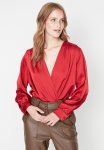 Satin Double Breasted Neck Woven Bodysuit - Burgundy