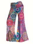 Plus Size Colorblock Geometric Print Wide Leg Pants Casual Ruched High Waist Pants Women's Plus Size Clothing