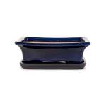 Assorted Glazed Bonsai Pots With Saucer 8" - Dark Blue Rectangle Decorative Corners With Matching Saucer 20 X 16 X 6CM