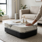 Modern Luxury LED Marble-top Coffee Table - White Marble With Wood-effect Base