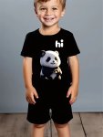 2PCS Boys Cute Panda Graphic Print Comfortable Versatile Short Sleeve T-Shirt & Shorts Set Cool Lightweight And Comfy Summer Clo