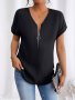 Half Zip Solid Color Blouse Casual Rolled Sleeve Blouse For Spring & Summer Women's Clothing