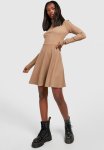 Crinkle Rib Roll Neck Skater Dress - Camel