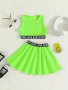 Girls Vibrant Color Letter Tape Tank Top & Skirt Sports Style 2PCS Set