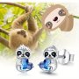 1pair Cute Animal Sloth With Blue Heart Stud Earrings For Sensitive Ear Funky Sloth Jewelry Gifts For Girls