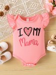I Love My Mama" Leopard Heart Print Infant's Bodysuit Casual Cap Sleeve Triangle Onesie Baby Girl's Clothing