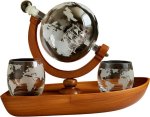 Globe Decanter Set Boat Design Wooden Stand & 2 World Map Glasses Decanter