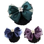 3PCS Women Hair Barrettes With Big Bowknot Pearls Ornaments Hair Clips With Snood Bowknot For Stewardess banks hotels nurse prop