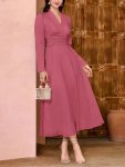 Solid Ruched V-neck Textured Dress Elegant Long Sleeve Slim Dress For Spring & Fall Women's Clothing