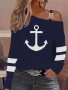 Anchor & Stripe Print Cold Shoulder T-Shirt Casual Long Sleeve Top For Spring & Fall Women's Clothing