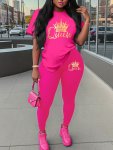Letter & Crown Print Two Piece Set Short Sleeves Crew Neck T-Shirt & Leggings Women's Clothing