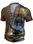 Retro Sailing Boat Print Henley Shirt Men's Casual Slightly Stretch Button Front Short Sleeve Henley Shirt For Spring Summer