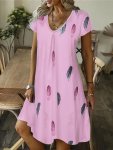 Feather Print V Neck Dress Casual Short Sleeve Loose Dress For Spring & Summer Women's Clothing