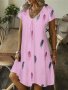 Feather Print V Neck Dress Casual Short Sleeve Loose Dress For Spring & Summer Women's Clothing