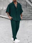 Men's Casual Short Sleeve Shirt And Long Pants Co Ord Set Relaxed Fit Solid Pink Comfort Elastic Waistband With Drawstring Summe