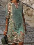 Floral Print Half Sleeve Dress Vintage Notched Neck Dress Women's Clothing