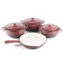 - 7 Piece Vintage Maroon Cast Iron Enamel Pots Set