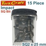 Tork Craft Impact Square Recess Bit NO2 25MM 15PC Tic Tac Case SQ2