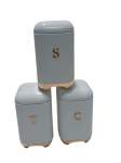 Smte 3-PIECE Set Tea Coffee Sugar Canister Light Blue With Gold Trim With Keychain