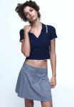 Rib-knit Collared Top - Dark Blue