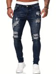 Chic Ripped Cotton Skinny Jeans Men's Casual Street Style Medium Stretch Denim Pants