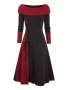 Color Block Lace Up Dress Casual Long Sleeve Boat Neck Knit Dress For Fall & Winter Women's Clothing