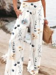 Floral Print Shirred Waist Pants Elegant Wide Leg Pants For Spring & Fall Women's Clothing