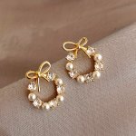 Tiny Delicate Hollow Round With Bow Design Stud Earrings Alloy Jewelry With Imitation Pearl Inlaid Simple Vintage Style For Wome