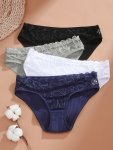 4PCS Solid Contrast Lace Briefs Comfy Breathable Stretchy Intimates Panties Women's Lingerie & Underwear