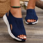 Women's Knit Upper Sandals Breathable Peep Toe Elastic Slip On Shoes Comfy Outdoor Sporty Sandals