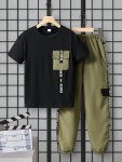 2PCS Boys Street Style Comfortable Versatile Short Sleeve Pocket T-Shirt & Cargo Pants Set Cool Lightweight And Comfy Summer Clo