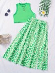 2PCS Soldi Color Sleeveless Top + Random Patterning Pleated Slit Skirt Set For Girls Casual And Trendy Holiday Set Summer Gift G