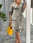 Letter Print Three-quarter Sleeve Dress Casual Notched Neck Dress For Spring & Fall Women's Clothing