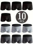 10 Pcs Men's Classic Black And Gray Flat Angle Boxers Breathable And Comfortable Elastic Shorts Men's Casual Daily Bottom Underw