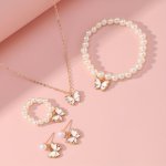 1SET Butterfly Charm Faux Pearl Necklace Bracelet Ring Earrings Clavicle Chain Birthday Gift Gift For Girls Accessories