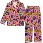 Pigsaly Satin Pajamas Set Animal Memphis Funny 80S 90S Fashion Long Sleeve Sleepwear Pj Sets Button Down L Multicolor