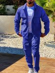 Men's Outfit Solid Long Sleeve Button Up Lapel Jacket With Chest Pockets & Drawstring Pants With Multi Pockets 2-PIECE Set For O