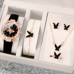 6PCS Chic Butterfly Quartz Watch & Jewelry Set - Elegant Rhinestone Faux Leather Strap - Perfect Gift For Women On Christmas Val
