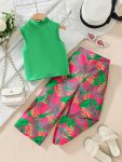 2-PIECE Set Solid Mock Neck Tank Top +tropical Plants Print Loose Trousers - Spring Summer Clothes Girls Outfit Gift
