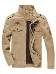 Fashionable Design Men's Pure Cotton Long Sleeve Zip Up Motorcycle Jacket With Stand Collar And Flap Pockets Versatile And Comfy