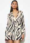 Wrap Satin Playsuit - Cream And Black Zebra