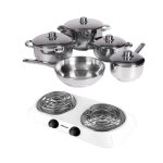 - Stainless Steel Cookware Set - 9 Piece With Hotplate - White